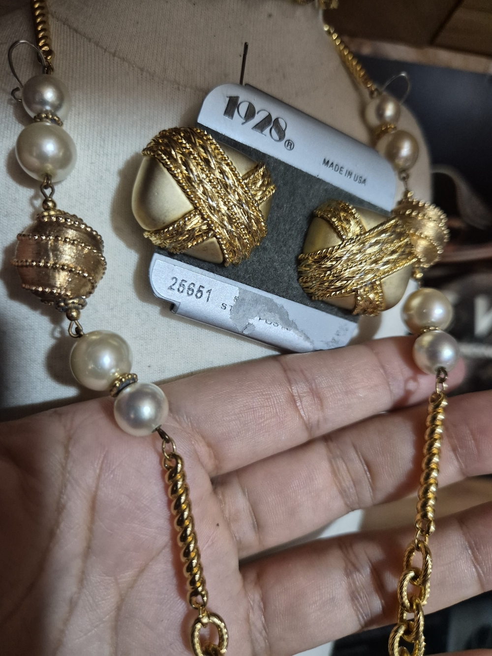 Matte Gold-Tone Pearl Accent Statement Necklace & Clip Earrings